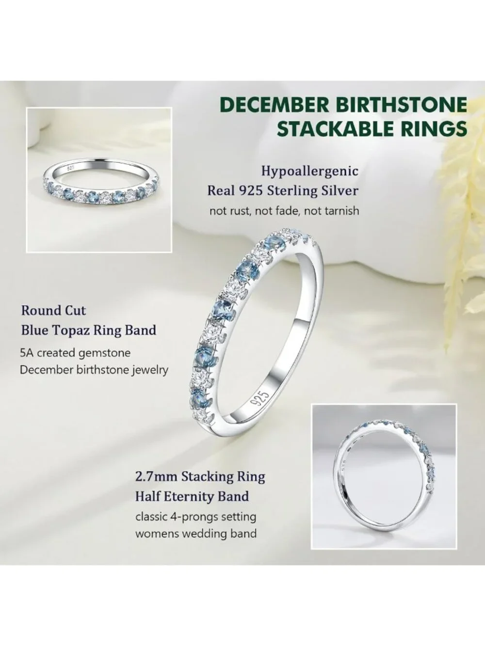 Stackable Birthstone Eternity Band Ring - 925 Silver/Gold-Plated, Size 6-10